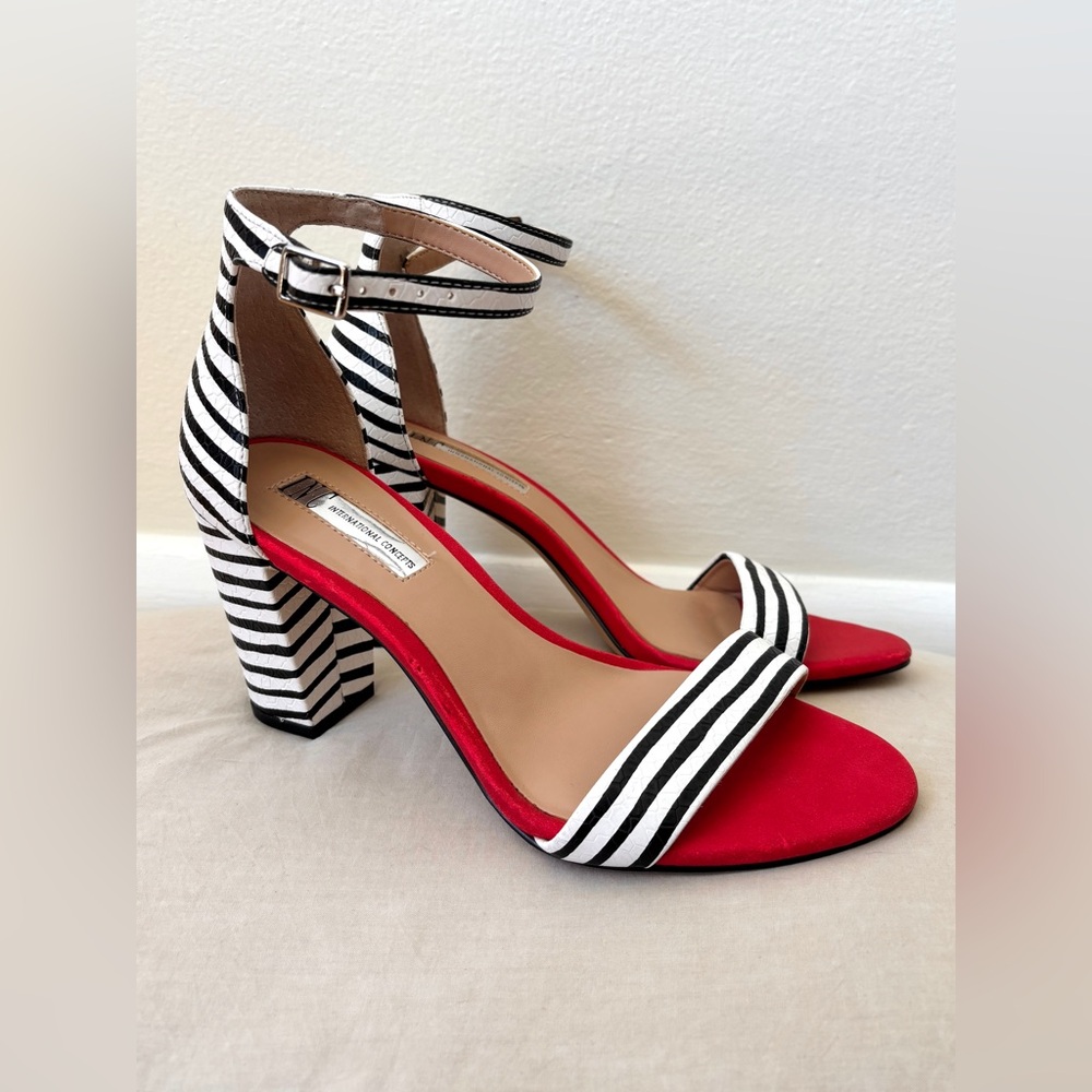 INC black and white striped with red block heel sandals